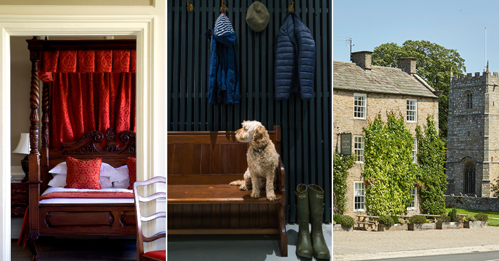 bedroom at headlam hall hotel, dog sat on bench at High Force Hotel and exterior of Rose and Crown  Romaldkirk